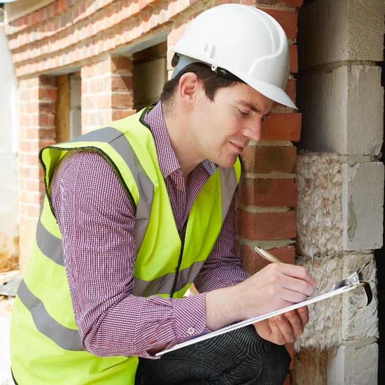 Man in a hard-hat inspecting the crawl space of a brick house. He has a notepad and pen in hand.